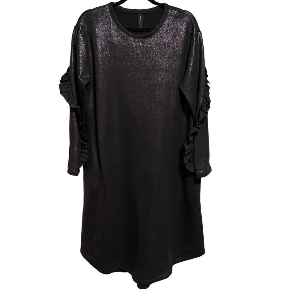 Kedem Sasson- AMMA- Women’s Black Shiny Knit Ruffle Detail Midi Dress, Size XL